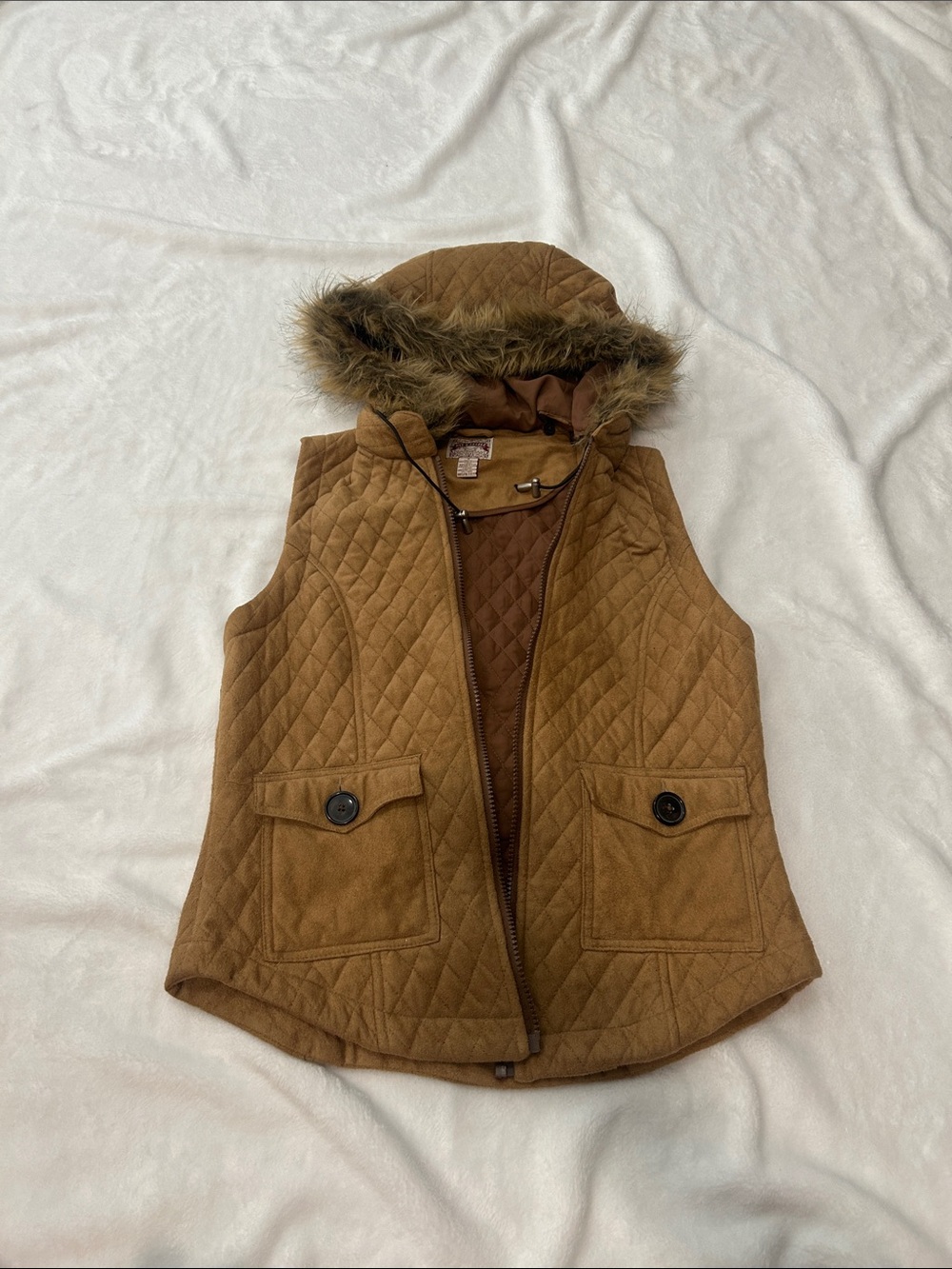 Bit & Bridle Quilted Hooded Vest with Faux-Fur Trim in Brown